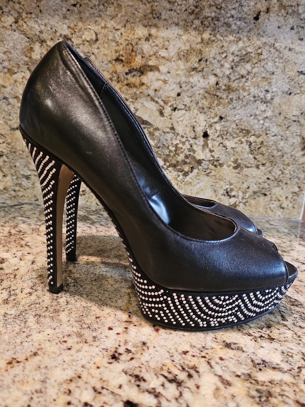 Aldo Black Peep-Toe Platform Heels with Embellished Rhinestone Detail